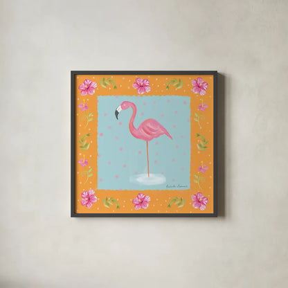 Flamingo Dance IV by Farida Zaman. Shown in a sleek black glass frame for a contemporary gallery look. Available as an archival giclee rolled canvas, fine art paper, or poster print. SKU 33099a.