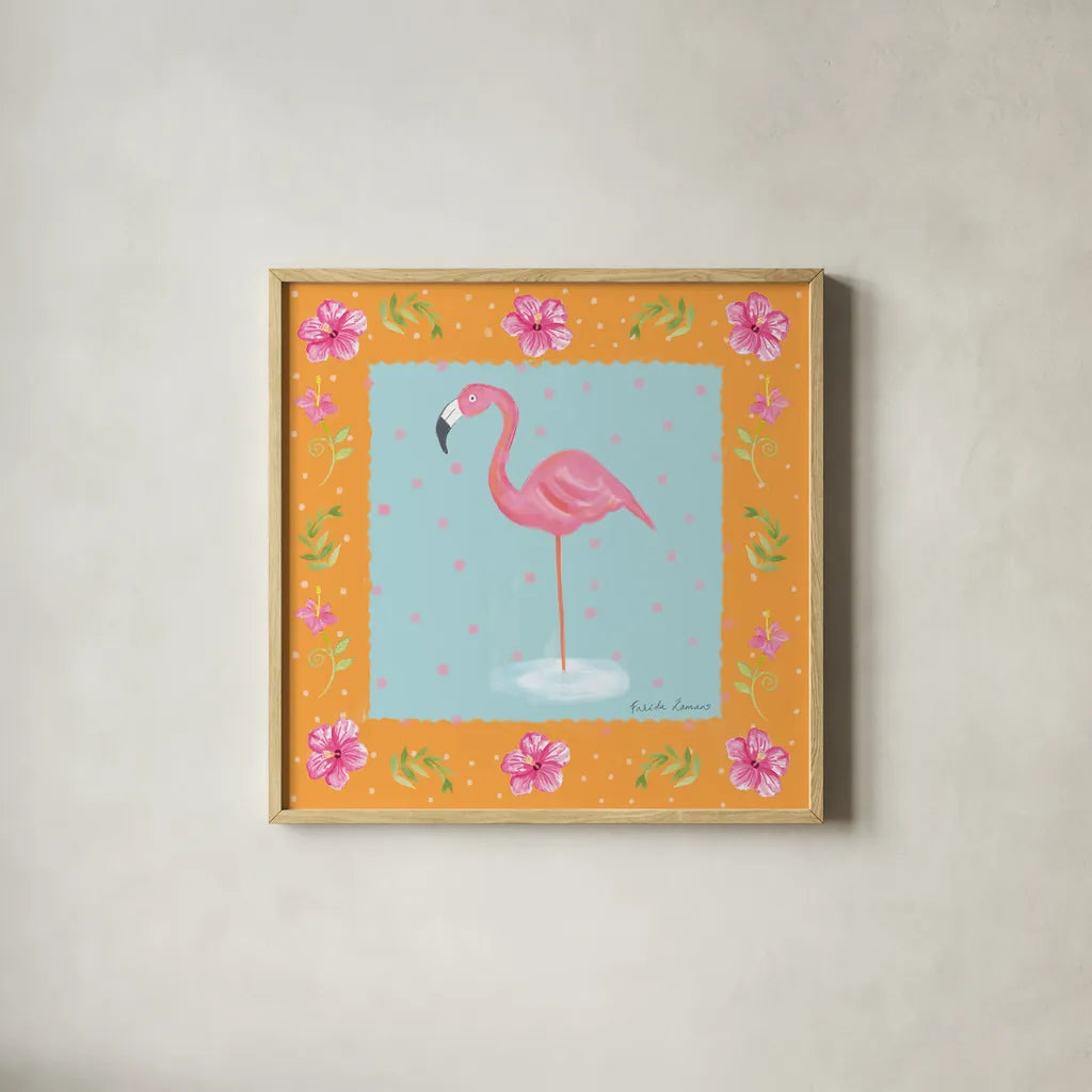 Flamingo Dance IV by Farida Zaman. Shown in a natural wood glass frame for a timeless modern aesthetic. Available as an archival giclee rolled canvas, fine art paper, or poster print. SKU 33099a.