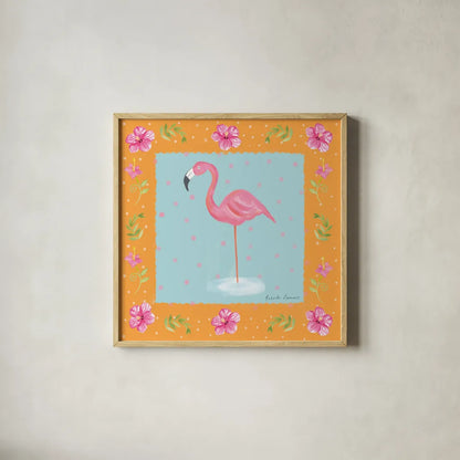 Flamingo Dance IV by Farida Zaman. Shown in a natural wood glass frame for a timeless modern aesthetic. Available as an archival giclee rolled canvas, fine art paper, or poster print. SKU 33099a.