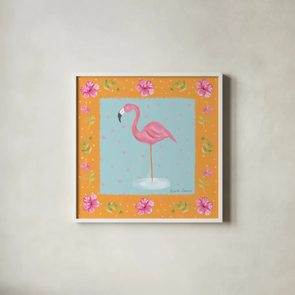 Flamingo Dance IV by Farida Zaman. Shown in a crisp white glass frame for a clean and minimalist style. Available as an archival giclee rolled canvas, fine art paper, or poster print. SKU 33099a.