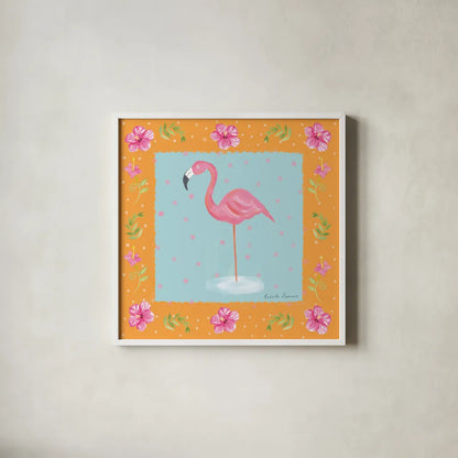 Flamingo Dance IV by Farida Zaman. Shown in a crisp white glass frame for a clean and minimalist style. Available as an archival giclee rolled canvas, fine art paper, or poster print. SKU 33099a.