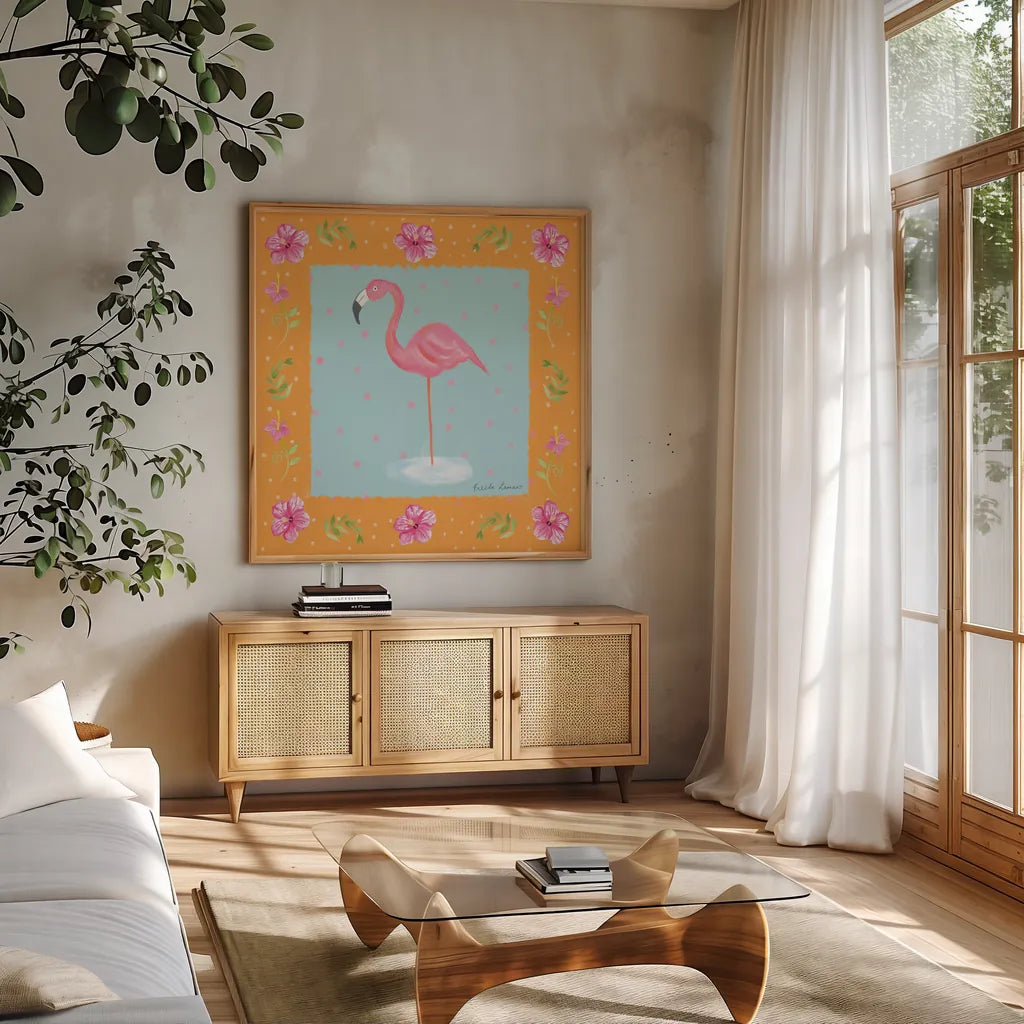 Flamingo Dance IV by Farida Zaman. Shown in a natural wood frame in a cozy modern living room. Available as an archival giclee rolled canvas, fine art paper, or poster print. SKU 33099a.