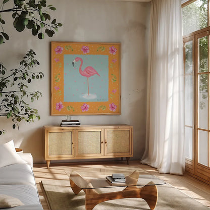 Flamingo Dance IV by Farida Zaman. Shown in a natural wood frame in a cozy modern living room. Available as an archival giclee rolled canvas, fine art paper, or poster print. SKU 33099a.