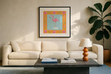 Flamingo Dance IV by Farida Zaman. Displayed in a glass frame with matte in a clean modern living room. Available as an archival giclee rolled canvas, fine art paper, or poster print. SKU 33099a.