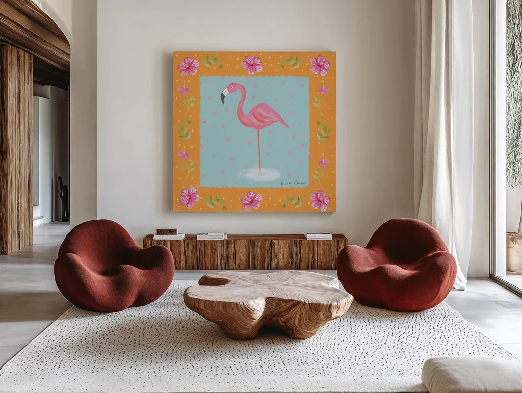 Flamingo Dance IV by Farida Zaman. Shown as extra-large giant wall art in a modern living room. Available as an archival giclee rolled canvas, fine art paper, or poster print. SKU 33099a.