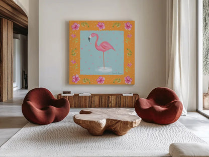 Flamingo Dance IV by Farida Zaman. Shown as extra-large giant wall art in a modern living room. Available as an archival giclee rolled canvas, fine art paper, or poster print. SKU 33099a.