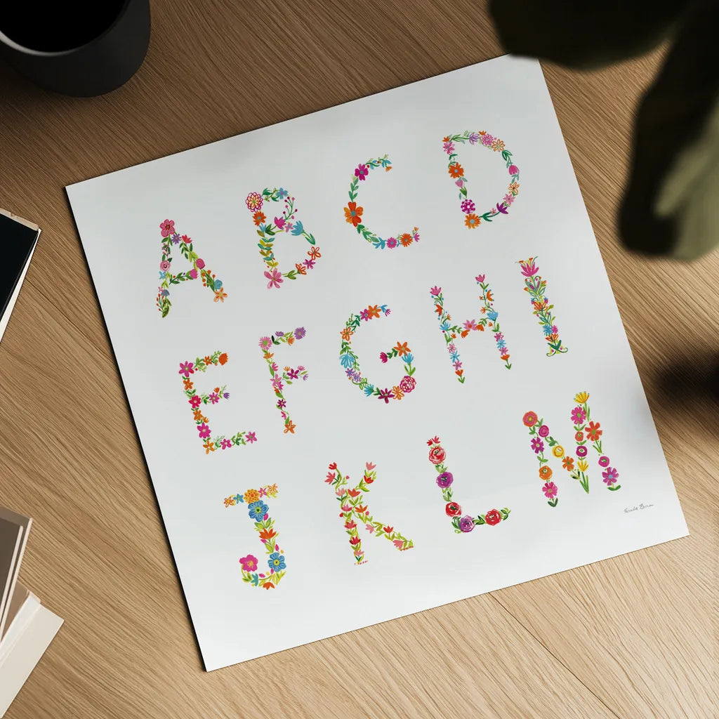 Floral Alphabet Sq I by Farida Zaman. Shown as a detailed flat fine art print, highlighting archival giclee quality. Available as an archival giclee rolled canvas, fine art paper, or poster print. SKU 65967a.