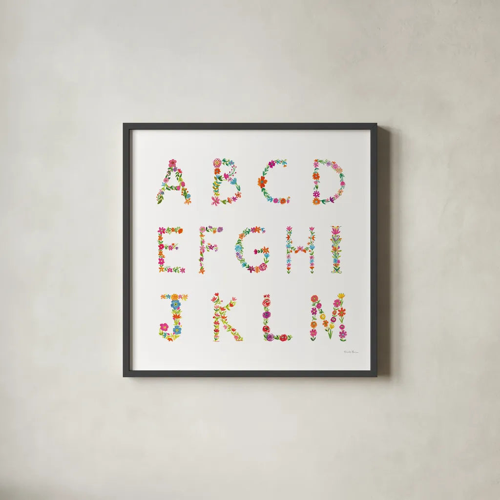 Floral Alphabet Sq I by Farida Zaman. Shown in a sleek black glass frame for a contemporary gallery look. Available as an archival giclee rolled canvas, fine art paper, or poster print. SKU 65967a.