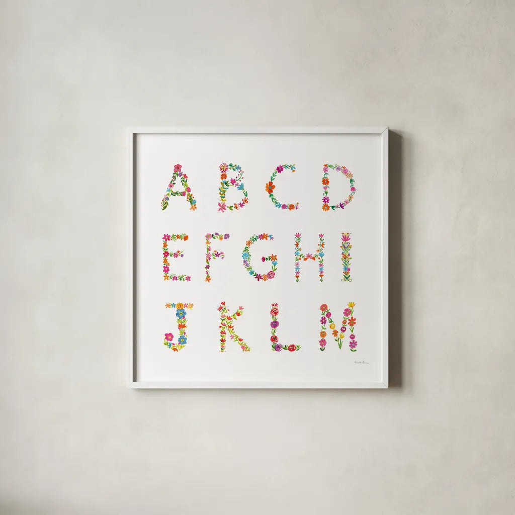 Floral Alphabet Sq I by Farida Zaman. Shown in a crisp white glass frame for a clean and minimalist style. Available as an archival giclee rolled canvas, fine art paper, or poster print. SKU 65967a.