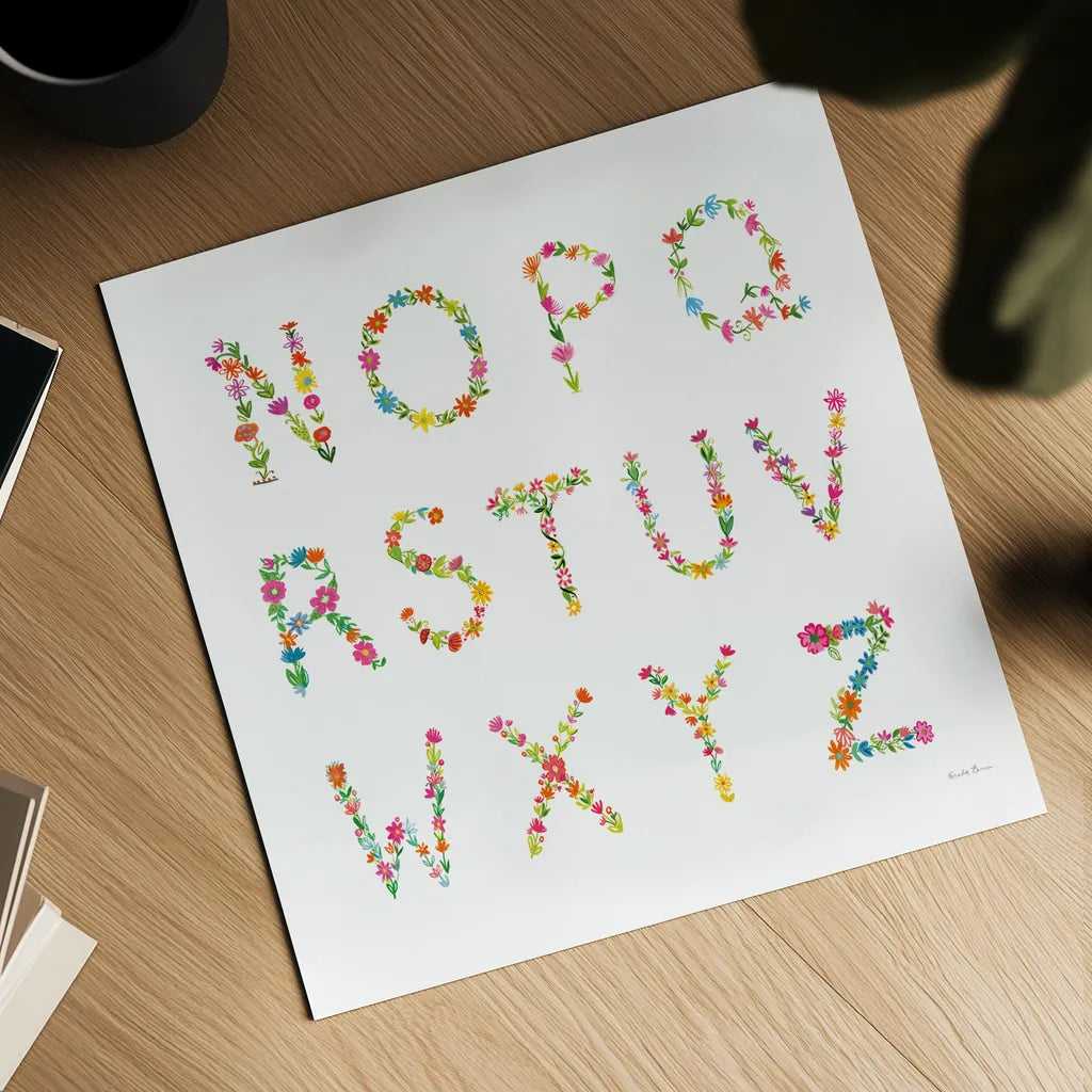 Floral Alphabet Sq II by Farida Zaman. Shown as a detailed flat fine art print, highlighting archival giclee quality. Available as an archival giclee rolled canvas, fine art paper, or poster print. SKU 65968a.