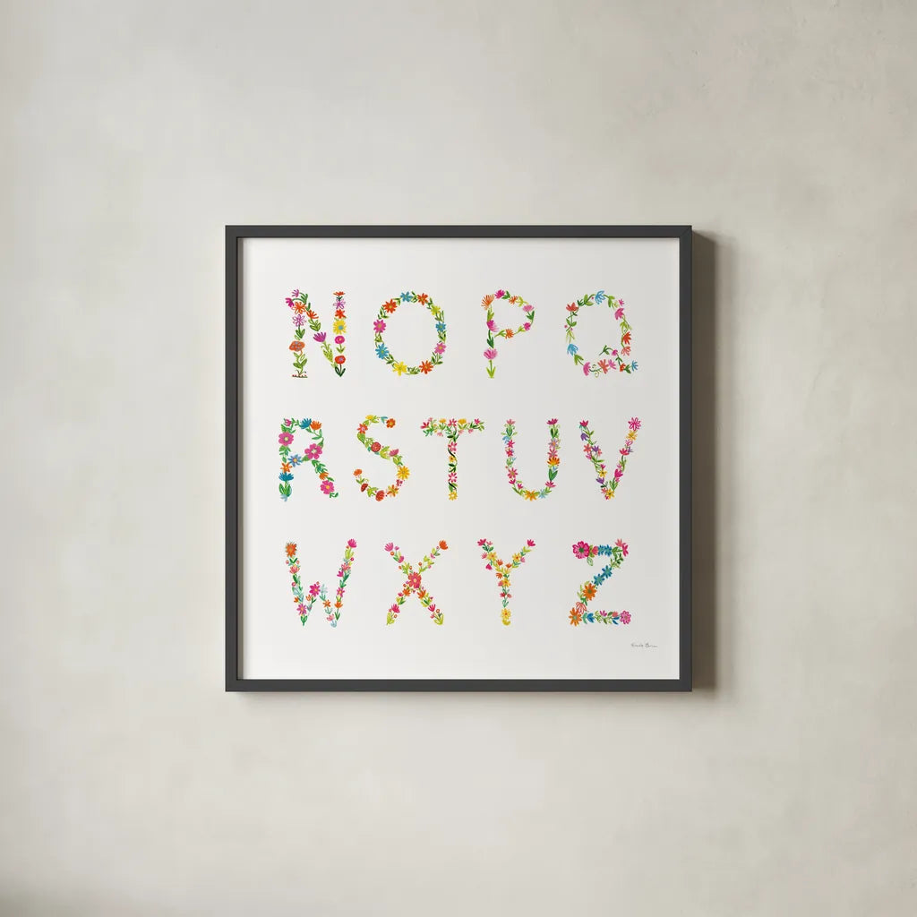 Floral Alphabet Sq II by Farida Zaman. Shown in a sleek black glass frame for a contemporary gallery look. Available as an archival giclee rolled canvas, fine art paper, or poster print. SKU 65968a.