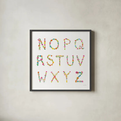 Floral Alphabet Sq II by Farida Zaman. Shown in a sleek black glass frame for a contemporary gallery look. Available as an archival giclee rolled canvas, fine art paper, or poster print. SKU 65968a.