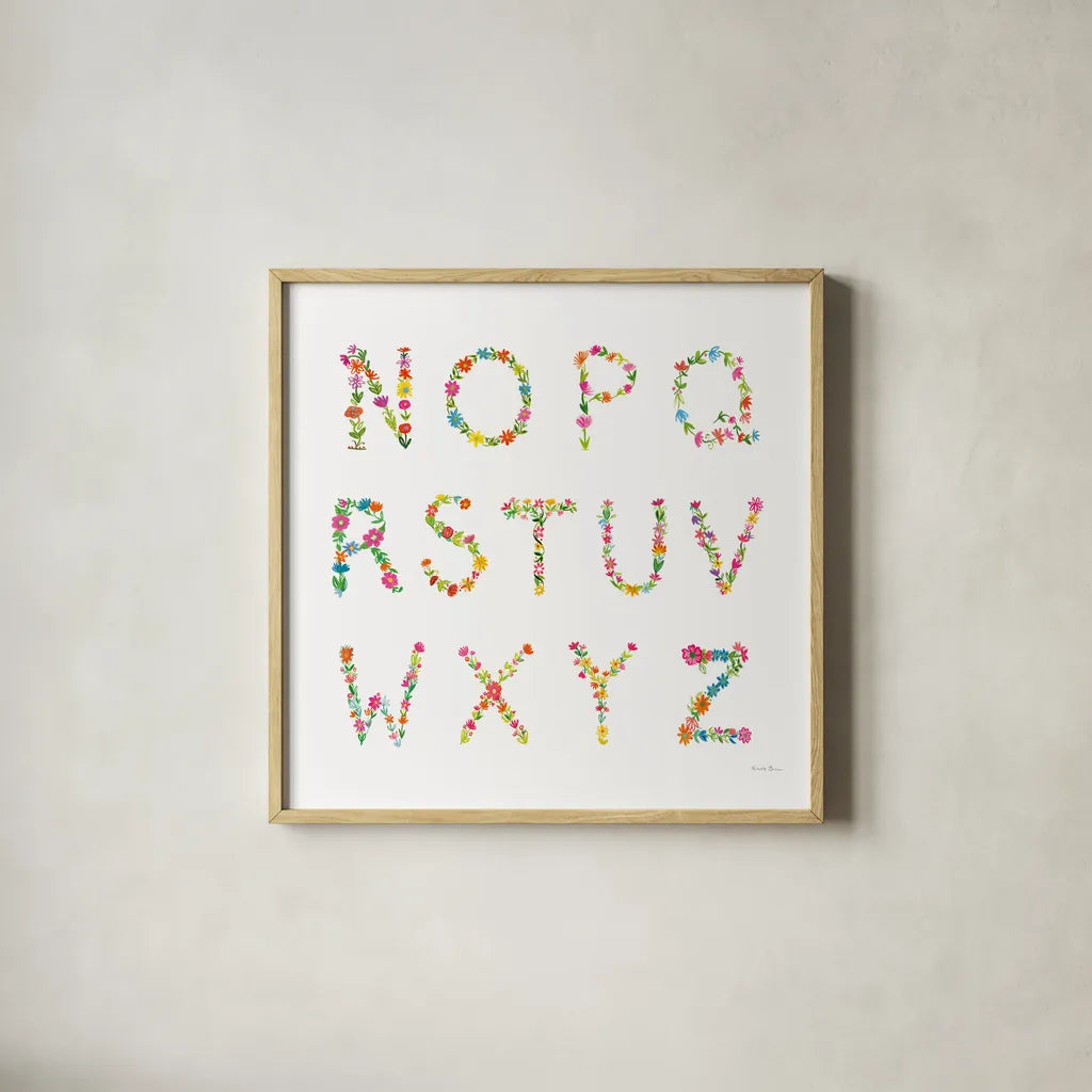 Floral Alphabet Sq II by Farida Zaman. Shown in a natural wood glass frame for a timeless modern aesthetic. Available as an archival giclee rolled canvas, fine art paper, or poster print. SKU 65968a.