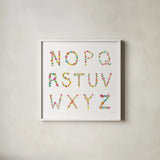 Floral Alphabet Sq II by Farida Zaman. Shown in a crisp white glass frame for a clean and minimalist style. Available as an archival giclee rolled canvas, fine art paper, or poster print. SKU 65968a.