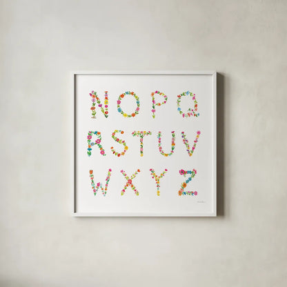 Floral Alphabet Sq II by Farida Zaman. Shown in a crisp white glass frame for a clean and minimalist style. Available as an archival giclee rolled canvas, fine art paper, or poster print. SKU 65968a.
