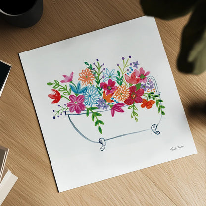 Floral Bathroom I  by Farida Zaman. Shown as a detailed flat fine art print, highlighting archival giclee quality. Available as an archival giclee rolled canvas, fine art paper, or poster print. SKU 57693a.