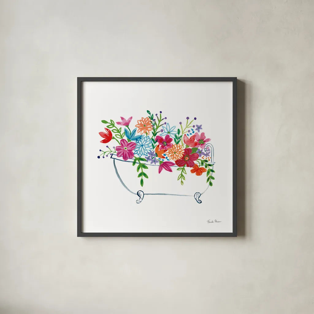 Floral Bathroom I  by Farida Zaman. Shown in a sleek black glass frame for a contemporary gallery look. Available as an archival giclee rolled canvas, fine art paper, or poster print. SKU 57693a.