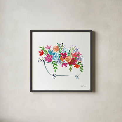 Floral Bathroom I  by Farida Zaman. Shown in a sleek black glass frame for a contemporary gallery look. Available as an archival giclee rolled canvas, fine art paper, or poster print. SKU 57693a.