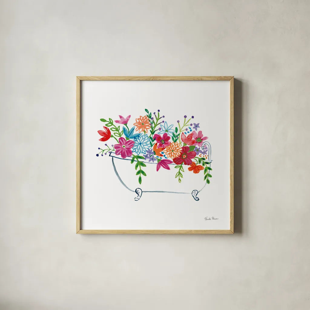 Floral Bathroom I  by Farida Zaman. Shown in a natural wood glass frame for a timeless modern aesthetic. Available as an archival giclee rolled canvas, fine art paper, or poster print. SKU 57693a.