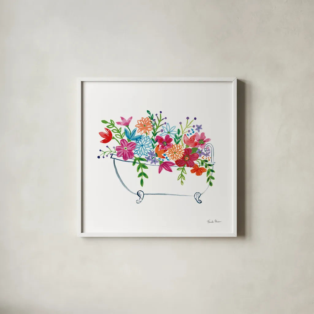Floral Bathroom I  by Farida Zaman. Shown in a crisp white glass frame for a clean and minimalist style. Available as an archival giclee rolled canvas, fine art paper, or poster print. SKU 57693a.