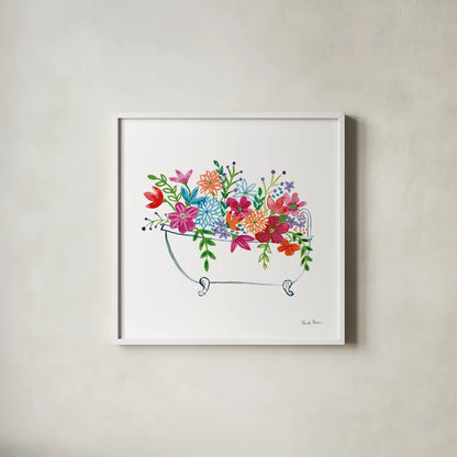 Floral Bathroom I  by Farida Zaman. Shown in a crisp white glass frame for a clean and minimalist style. Available as an archival giclee rolled canvas, fine art paper, or poster print. SKU 57693a.