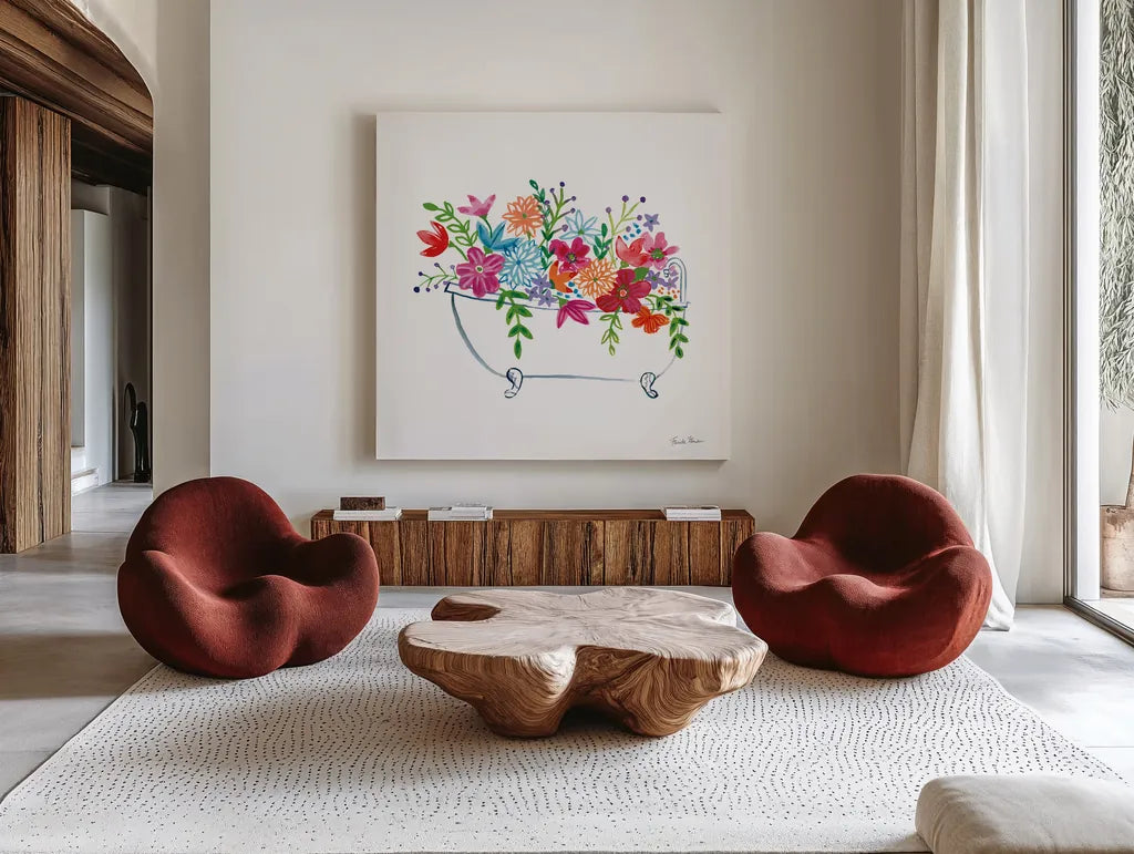 Floral Bathroom I  by Farida Zaman. Shown as extra-large giant wall art in a modern living room. Available as an archival giclee rolled canvas, fine art paper, or poster print. SKU 57693a.