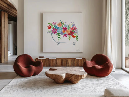 Floral Bathroom I  by Farida Zaman. Shown as extra-large giant wall art in a modern living room. Available as an archival giclee rolled canvas, fine art paper, or poster print. SKU 57693a.