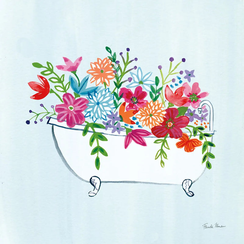 Floral Bathroom I Light Blue by Farida Zaman. SKU 60302a. Archival Giclee Fine art print for wall decor.