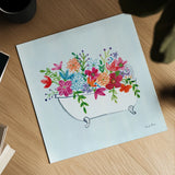 Floral Bathroom I Light Blue by Farida Zaman. Shown as a detailed flat fine art print, highlighting archival giclee quality. Available as an archival giclee rolled canvas, fine art paper, or poster print. SKU 60302a.