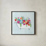 Floral Bathroom I Light Blue by Farida Zaman. Shown in a sleek black glass frame for a contemporary gallery look. Available as an archival giclee rolled canvas, fine art paper, or poster print. SKU 60302a.