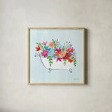 Floral Bathroom I Light Blue by Farida Zaman. Shown in a natural wood glass frame for a timeless modern aesthetic. Available as an archival giclee rolled canvas, fine art paper, or poster print. SKU 60302a.