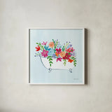 Floral Bathroom I Light Blue by Farida Zaman. Shown in a crisp white glass frame for a clean and minimalist style. Available as an archival giclee rolled canvas, fine art paper, or poster print. SKU 60302a.