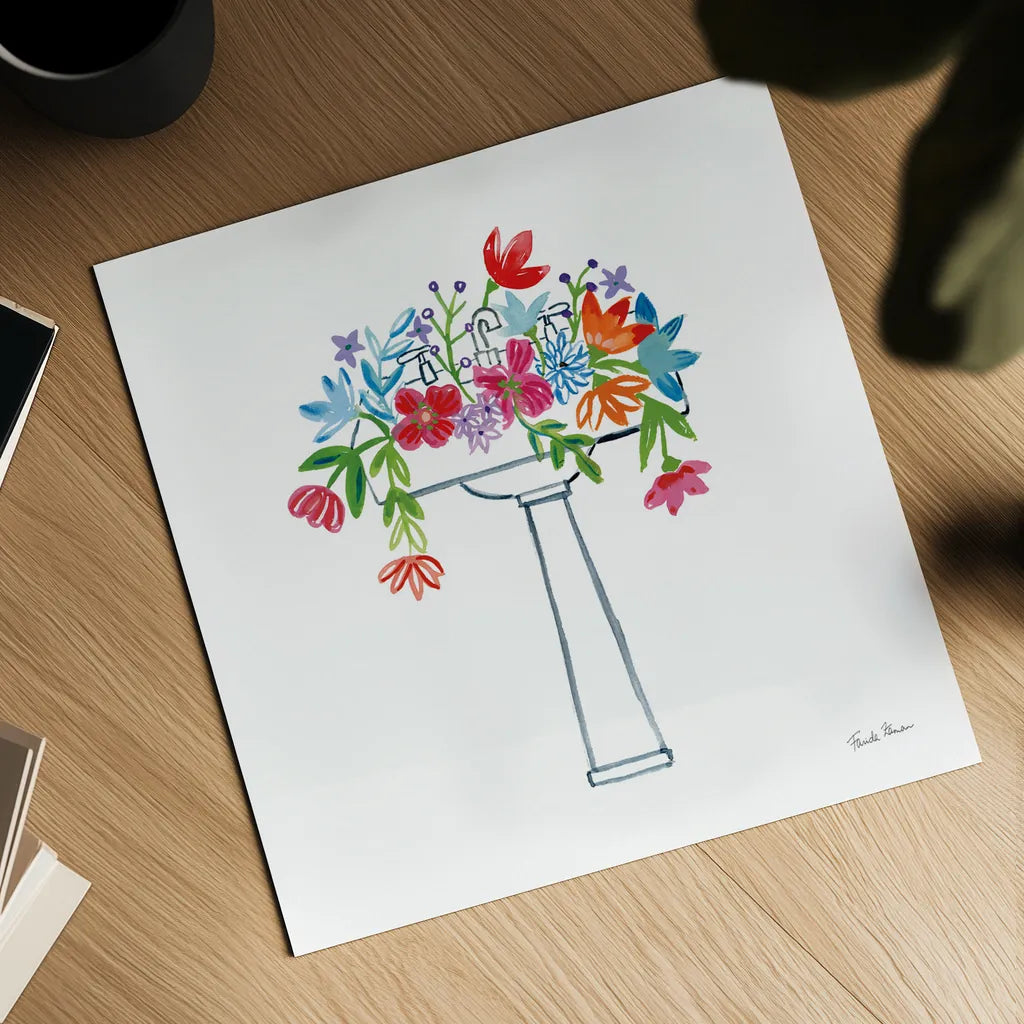 Floral Bathroom II by Farida Zaman. Shown as a detailed flat fine art print, highlighting archival giclee quality. Available as an archival giclee rolled canvas, fine art paper, or poster print. SKU 57694a.