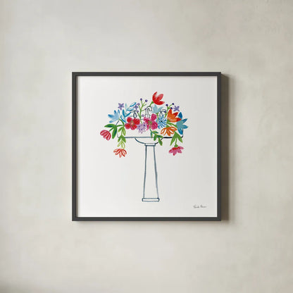 Floral Bathroom II by Farida Zaman. Shown in a sleek black glass frame for a contemporary gallery look. Available as an archival giclee rolled canvas, fine art paper, or poster print. SKU 57694a.