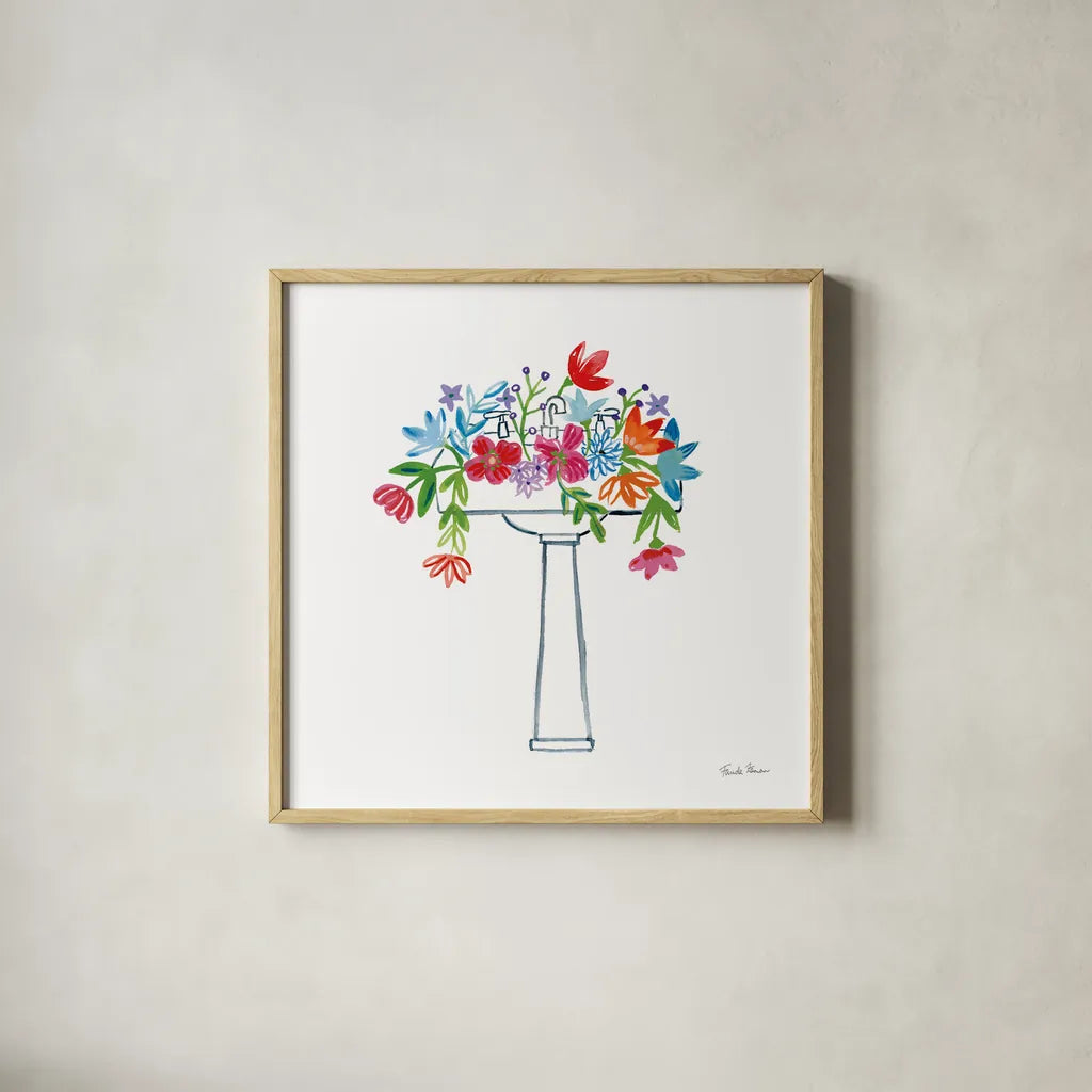 Floral Bathroom II by Farida Zaman. Shown in a natural wood glass frame for a timeless modern aesthetic. Available as an archival giclee rolled canvas, fine art paper, or poster print. SKU 57694a.