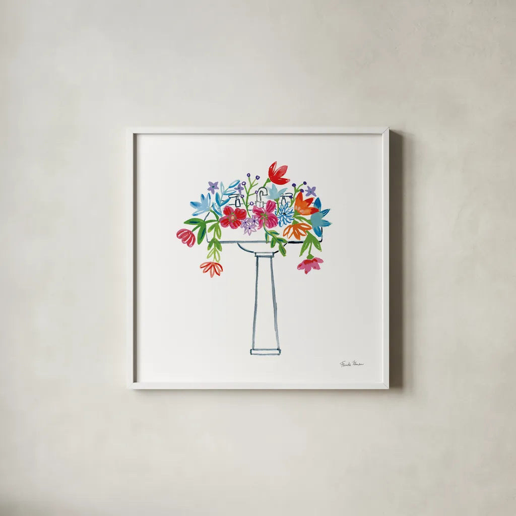 Floral Bathroom II by Farida Zaman. Shown in a crisp white glass frame for a clean and minimalist style. Available as an archival giclee rolled canvas, fine art paper, or poster print. SKU 57694a.