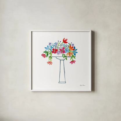 Floral Bathroom II by Farida Zaman. Shown in a crisp white glass frame for a clean and minimalist style. Available as an archival giclee rolled canvas, fine art paper, or poster print. SKU 57694a.