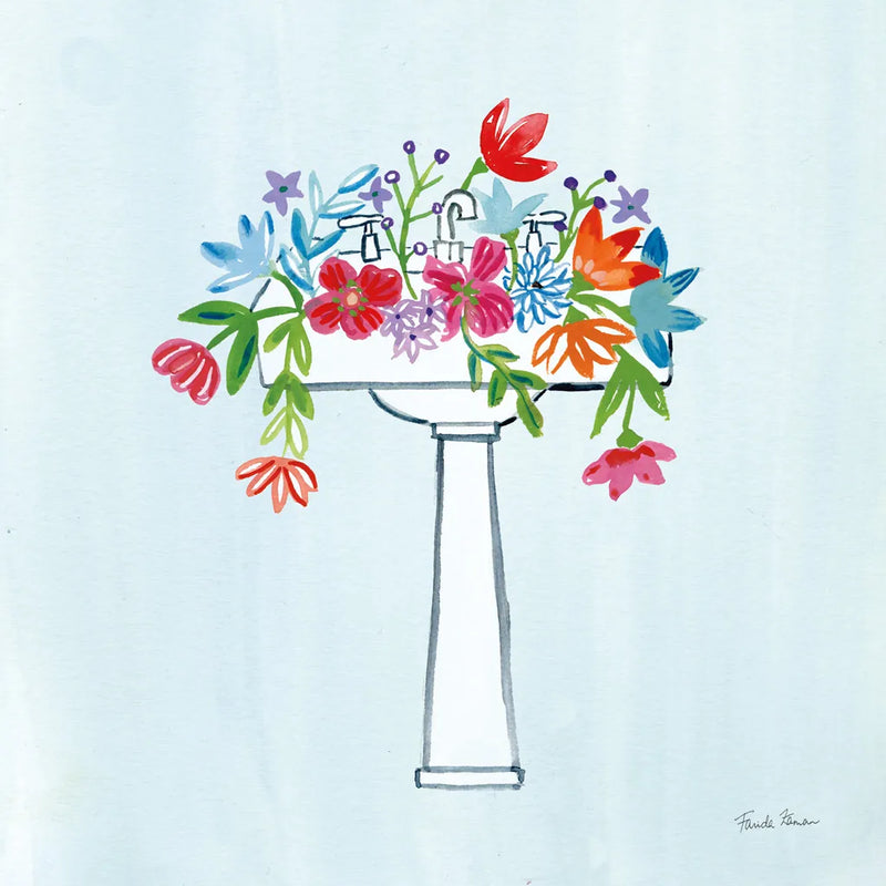 Floral Bathroom II Light Blue by Farida Zaman. SKU 60303a. Archival Giclee Fine art print for wall decor.