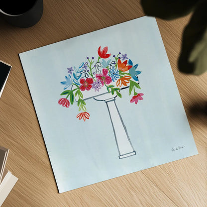 Floral Bathroom II Light Blue by Farida Zaman. Shown as a detailed flat fine art print, highlighting archival giclee quality. Available as an archival giclee rolled canvas, fine art paper, or poster print. SKU 60303a.