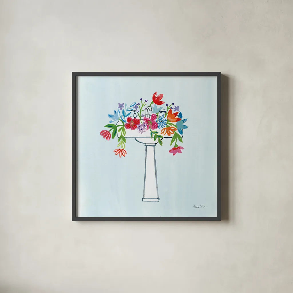 Floral Bathroom II Light Blue by Farida Zaman. Shown in a sleek black glass frame for a contemporary gallery look. Available as an archival giclee rolled canvas, fine art paper, or poster print. SKU 60303a.