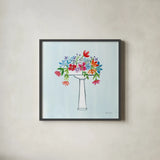 Floral Bathroom II Light Blue by Farida Zaman. Shown in a sleek black glass frame for a contemporary gallery look. Available as an archival giclee rolled canvas, fine art paper, or poster print. SKU 60303a.