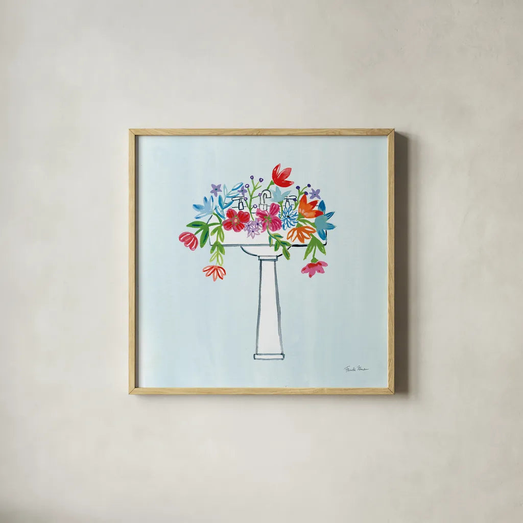 Floral Bathroom II Light Blue by Farida Zaman. Shown in a natural wood glass frame for a timeless modern aesthetic. Available as an archival giclee rolled canvas, fine art paper, or poster print. SKU 60303a.