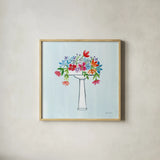 Floral Bathroom II Light Blue by Farida Zaman. Shown in a natural wood glass frame for a timeless modern aesthetic. Available as an archival giclee rolled canvas, fine art paper, or poster print. SKU 60303a.
