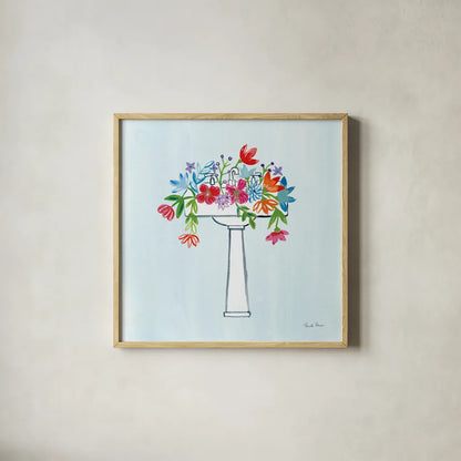Floral Bathroom II Light Blue by Farida Zaman. Shown in a natural wood glass frame for a timeless modern aesthetic. Available as an archival giclee rolled canvas, fine art paper, or poster print. SKU 60303a.