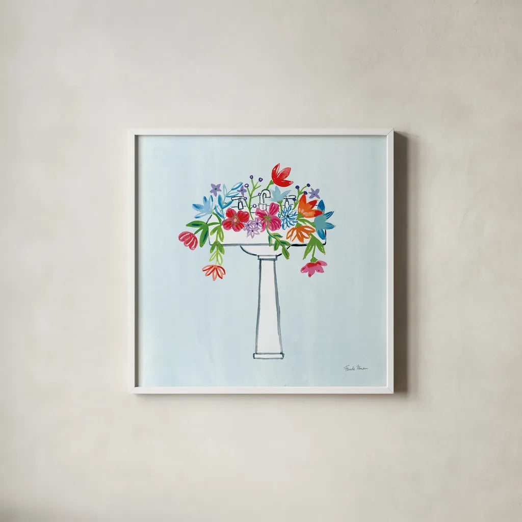Floral Bathroom II Light Blue by Farida Zaman. Shown in a crisp white glass frame for a clean and minimalist style. Available as an archival giclee rolled canvas, fine art paper, or poster print. SKU 60303a.