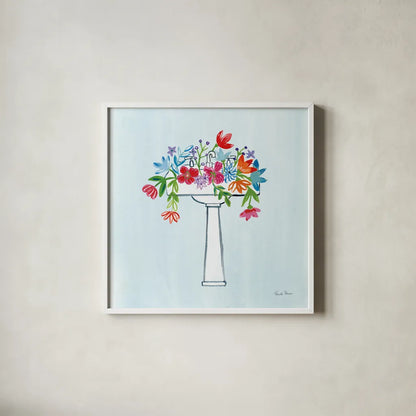 Floral Bathroom II Light Blue by Farida Zaman. Shown in a crisp white glass frame for a clean and minimalist style. Available as an archival giclee rolled canvas, fine art paper, or poster print. SKU 60303a.