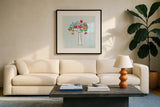 Floral Bathroom II Light Blue by Farida Zaman. Displayed in a glass frame with matte in a clean modern living room. Available as an archival giclee rolled canvas, fine art paper, or poster print. SKU 60303a.