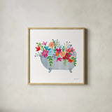 Floral Bathroom III by Farida Zaman. Shown in a natural wood glass frame for a timeless modern aesthetic. Available as an archival giclee rolled canvas, fine art paper, or poster print. SKU 83400a.