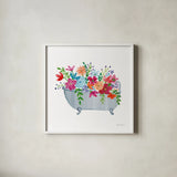 Floral Bathroom III by Farida Zaman. Shown in a crisp white glass frame for a clean and minimalist style. Available as an archival giclee rolled canvas, fine art paper, or poster print. SKU 83400a.