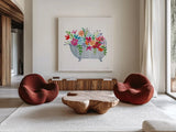 Floral Bathroom III by Farida Zaman. Shown as extra-large giant wall art in a modern living room. Available as an archival giclee rolled canvas, fine art paper, or poster print. SKU 83400a.